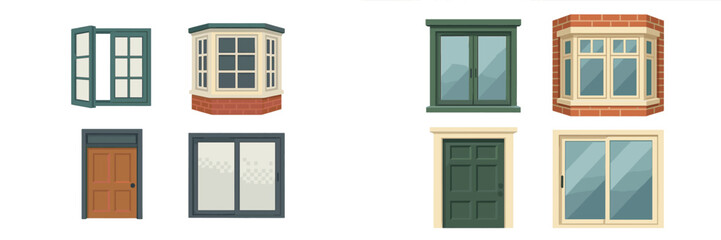 Diverse collection of residential windows and doors in various styles and colors for building design