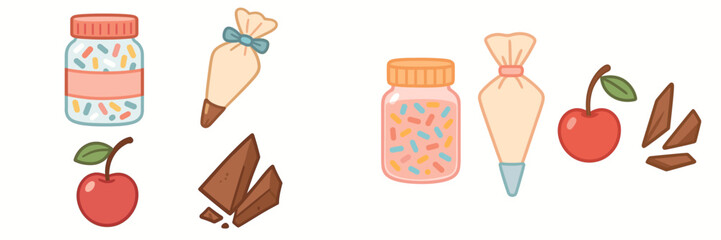 Collection of sweet dessert decorating elements including colorful sprinkles, piping bags, cherries, and chocolate