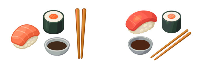Popular Japanese sushi dishes with fresh salmon nigiri, maki rolls, soy sauce, and elegant wooden chopsticks © icon_art