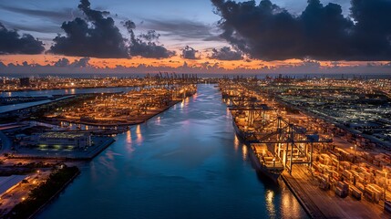 Obraz premium Vibrant Aerial View of a Busy Port at Dusk, Illuminating Nighttime Activity with Lights