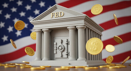 Photo of gold coins rain down in front of a federal reserve building with the american flag waving in the background