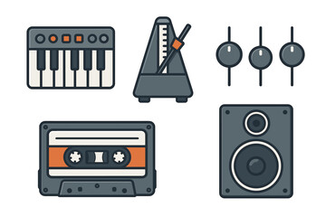 Assortment of musical instruments and audio equipment icons featuring a keyboard, metronome, cassette tape, and speaker