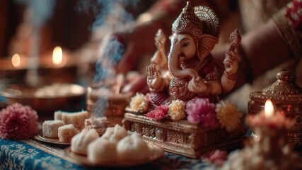 Colorful Hindu festival celebration with idol of Lord Ganesha, floral offerings, sweet delicacies, and smoke of incense creating a spiritual ambiance