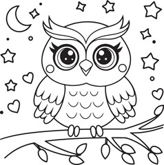 Fototapeta premium Adorable Owl on a Branch Under the Moon and Stars Coloring Sheet
