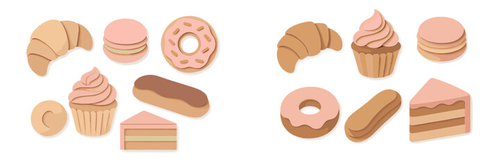 Sweet pastries and desserts in paper cut style with layered effect and soft pastel colors on white background