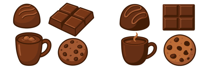 Delicious chocolate candies bars hot cocoa drink and cookies set on white background for sweet indulgence