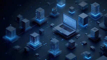 Obraz premium Conceptual rendering of a laptop connected to a digital network representing technology and data