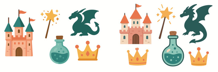 Enchanting fantasy fairy tale elements featuring majestic castles, mythical dragons, sparkling magic wands, mysterious potions, and royal crowns © icon_art