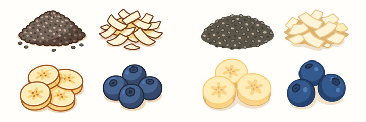 Healthy breakfast ingredients with chia seeds, coconut flakes, banana slices, and fresh blueberries arranged for a nutritious meal © icon_art