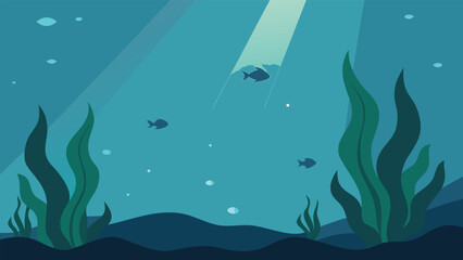 Enchanting underwater cavern illustration with bioluminescent glowing mushrooms and floating lights