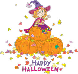 Happy little Halloween witch with a big hat and a cloak with stars sitting on a pile of large orange pumpkins among colorful autumn leaves and waving in greeting, vector cartoon postcard