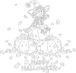 Happy little Halloween witch with a big hat and a cloak with stars sitting on a pile of large pumpkins among fallen autumn leaves and waving in greeting, black and white vector cartoon