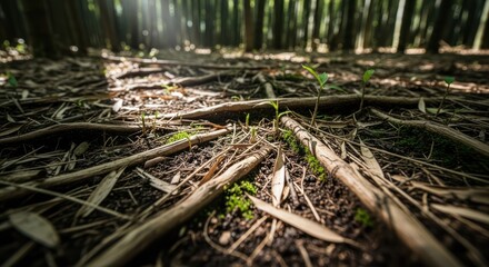 Bamboo forest floor with sunlight and small plants growing on ground