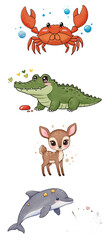 Fototapeta premium Cute Cartoon Animals Collection: Crab, Alligator, Deer, Dolphin png clear alpha channel cutout isolated on transparent background