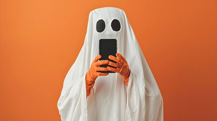 Person in White Sheet Costume Holding Smartphone Against Orange Background