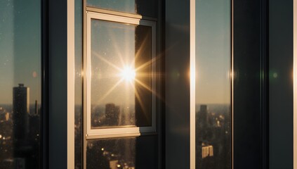 Sunset Sunflare On Modern Glass Building Facade