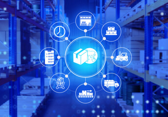Smart logistics. Digital icons of supply chain management including transport, warehouse, forklift, and global delivery are overlaid on a warehouse background.