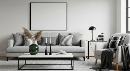 A modern living room features a grey sofa and armchair a white coffee table with