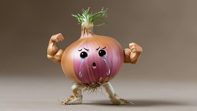 Cartoon onion with a sad face and a muscle man on top of it. The onion is a symbol of tears and the muscle man represents strength