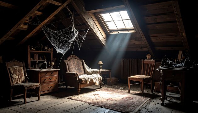 Dusty Attic Room with Cobwebs and Sunbeams Streaming Through Window - Powered by Adobe