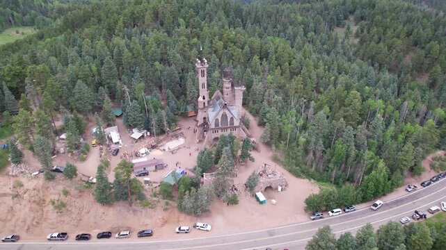 Aerial video of the Bishop Castle in Rye, Colorado. Camera rotates clockwise in point of interest style.