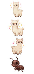 Obraz premium Cute Kawaii Alpaca and Ant Characters with Hearts and Stars png clear alpha channel cutout isolated on transparent background