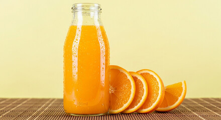 Photo of a refreshing bottle of orange juice sits next to sliced oranges on a bamboo mat