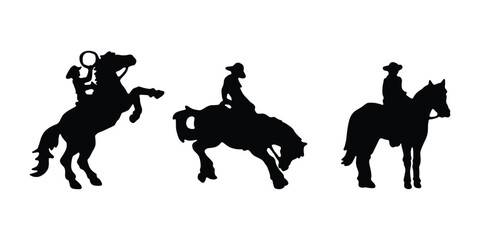 Cowboy and Horse Silhouette Vector Set. Rodeo and Western Style, Wild West Clipart. Cowboy Riding Horse and Rodeo Action