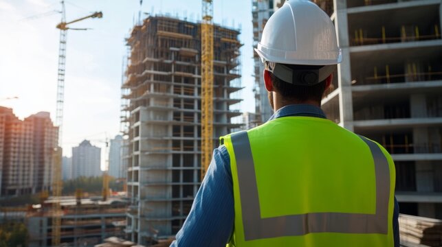 Construction worker overseeing high-rise building project in urban skyline engineering progress daylight professional perspective