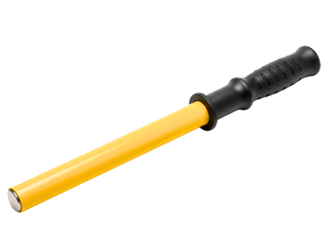 Yellow industrial tool handle with a black rubberized grip on a transparent background