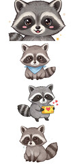 Fototapeta premium Cute Raccoon Illustrations Set: Waving, Bandana, Love Letter, Flowers png clear alpha channel cutout isolated on transparent background