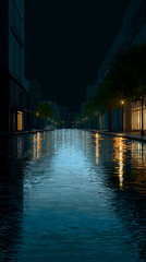 Narrow canal waterway at night with illuminated windows reflecting in water, moody urban alley scene with brick walls, atmospheric city architecture in darkness, quiet European street passage
