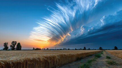 Dramatic sunset over wheat field with storm clouds