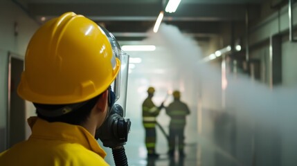 Firefighters in action emergency response drill industrial facility training exercise controlled environment close-up view safety awareness