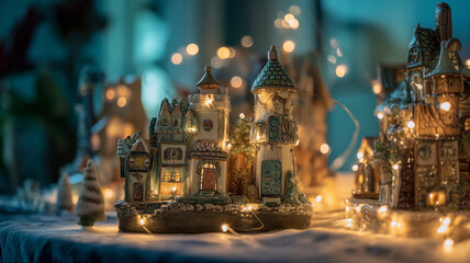 Fototapeta premium Enchanting miniature toy town adorned with fairy lights at dusk
