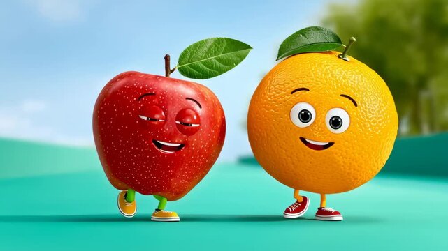 Two cartoon fruits, an apple and an orange, are smiling and standing next to each other. Concept of happiness and positivity, as the fruits appear to be enjoying each other's company