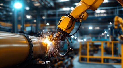 Automated welding process industrial facility image of robot manufacturing environment close-up view advanced technology for improved efficiency