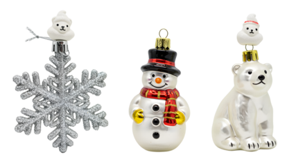 Christmas ornaments featuring silver snowflake with snowman, classic snowman with top hat and red scarf, and white polar bear, ideal for holiday decoration or winter themes