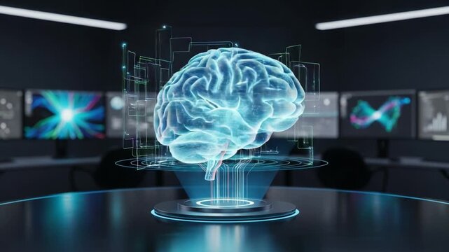 A Cutting-Edge Visualization of a Hyper-Connected Brain Model in a High-Tech Medical Environment, Showcasing the Convergence of Neuroscience and Technology.