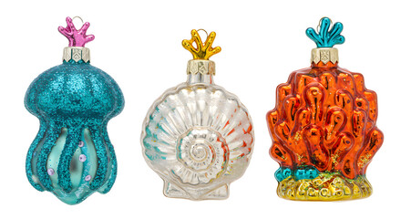 Colorful glass sea creature Christmas ornaments with jellyfish, seashell, and coral designs, perfect for ocean-themed holiday d?cor