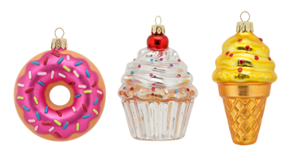 Colorful Christmas tree ornaments shaped like a pink sprinkled donut, a white cupcake with sprinkles, and a yellow ice cream cone, festive holiday decoration perfect for Christmas trees