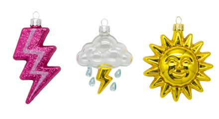 Glittery pink lightning bolt, silver cloud with raindrops and yellow lightning, and golden sun face Christmas ornaments, perfect for holiday decoration