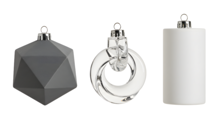 Modern geometric and metallic Christmas ornaments in gray, silver, and white tones for elegant holiday decoration