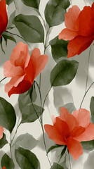 Watercolor red flowers with green leaves pattern, floral botanical artwork on white background, painted poppy blossoms with stems, elegant nature illustration design
