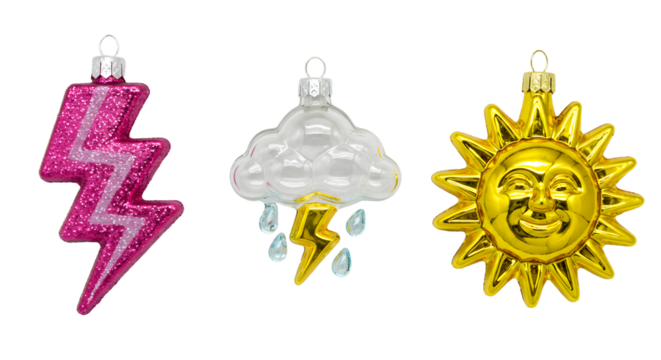 Glittery pink lightning bolt, silver cloud with raindrops and yellow lightning, and golden sun face Christmas ornaments, perfect for holiday decoration