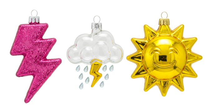 Pink lightning bolt, rainy cloud with lightning, and golden sun Christmas ornaments on white background, perfect for holiday decoration - Powered by Adobe