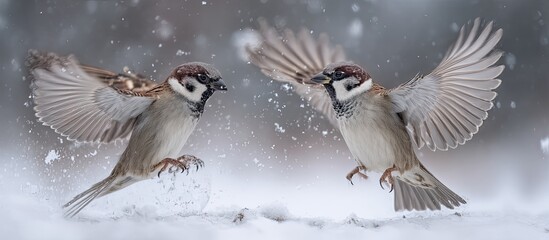 Sparrow Pair Flying in Snowy Winter Landscape, Brown Feathered Birds