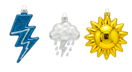 Blue lightning bolt, silver rain cloud, and golden sun weather icons set, perfect for seasonal decorations or meteorology themes