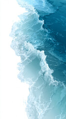 Aerial view of ocean waves meeting white sand beach, turquoise sea water with foam, coastal shoreline from above, tropical seascape with clear blue water
