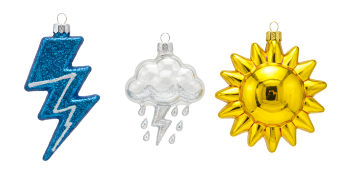 Blue lightning bolt, silver rain cloud, and golden sun weather icons set, perfect for seasonal decorations or meteorology themes